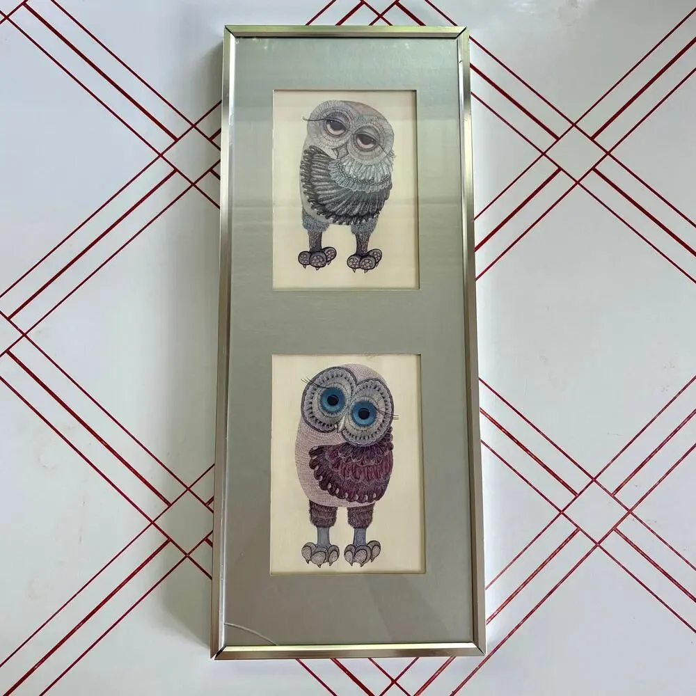 Vintage 1970s Glenn Heath Big Eyes Owl Lithograph Framed